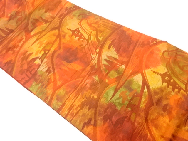 田舎風景に寺院模様織り出し　名古屋帯